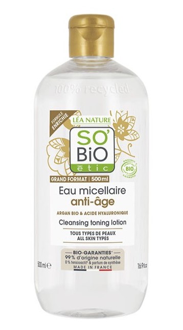 línea facial AGUA MICELAR ANTIEDAD ACIDO HIALURONICO Y ARGAN BIO 500ML