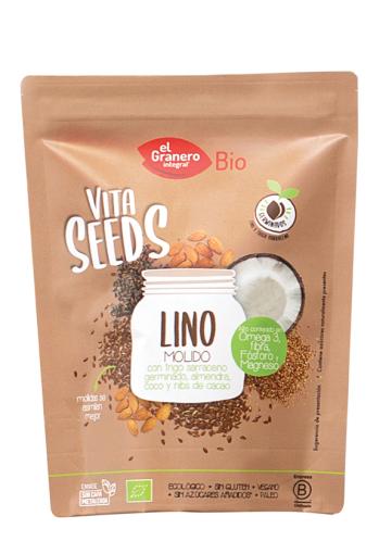 granos y semillas VITASEEDS LINO MOLIDO CON TRIGO SARRACENO, COCO,NIBS DE CACAO Y ALMENDRAS BIO, 200 g