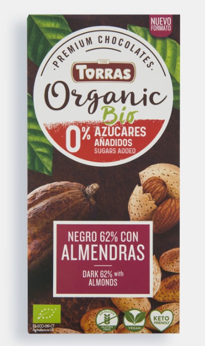 repostería y chocolates CHOCOLATE 62% CON ALMENDRAS 0%AZUCARES AÑADIDOS BIO 100GR